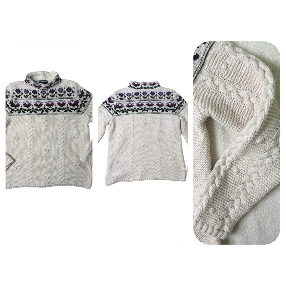 Lands' End Womens Sweater Ivory Purple Flowers Chunky Heavy Knit Size Large
